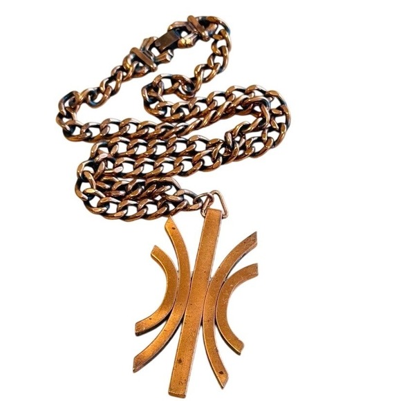 VTG Metal Renoir Necklace Statement chain Copper Modernist Retro MCM collar 17
